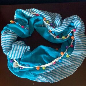 Girls Striped Blue and White Scarf with Poms
